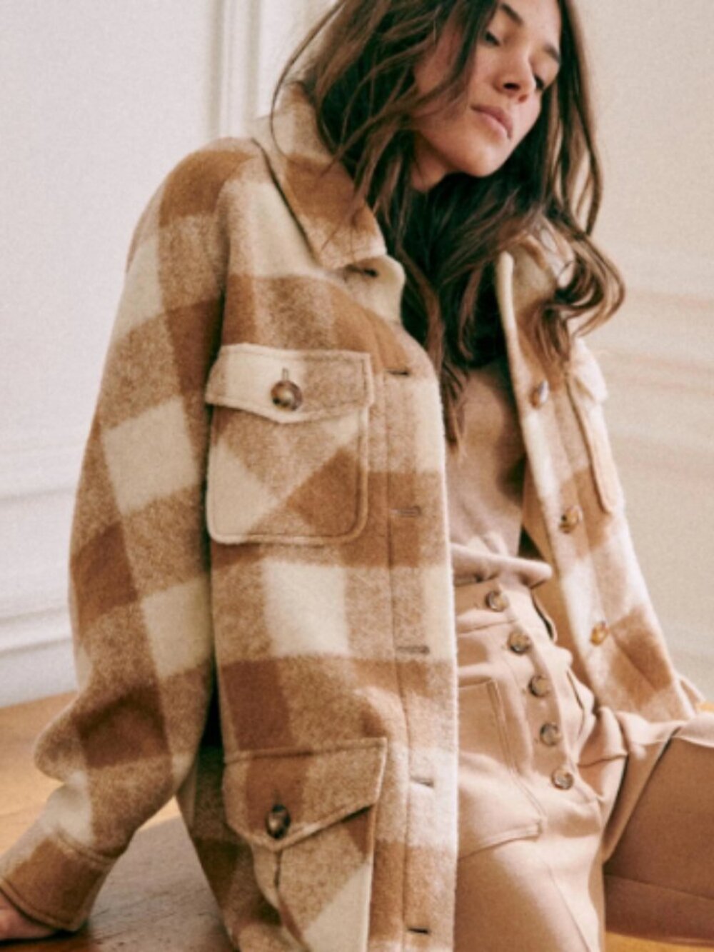 Sezane Paulin Brushed Wool Coat Camel Ecru Check 34 US 2